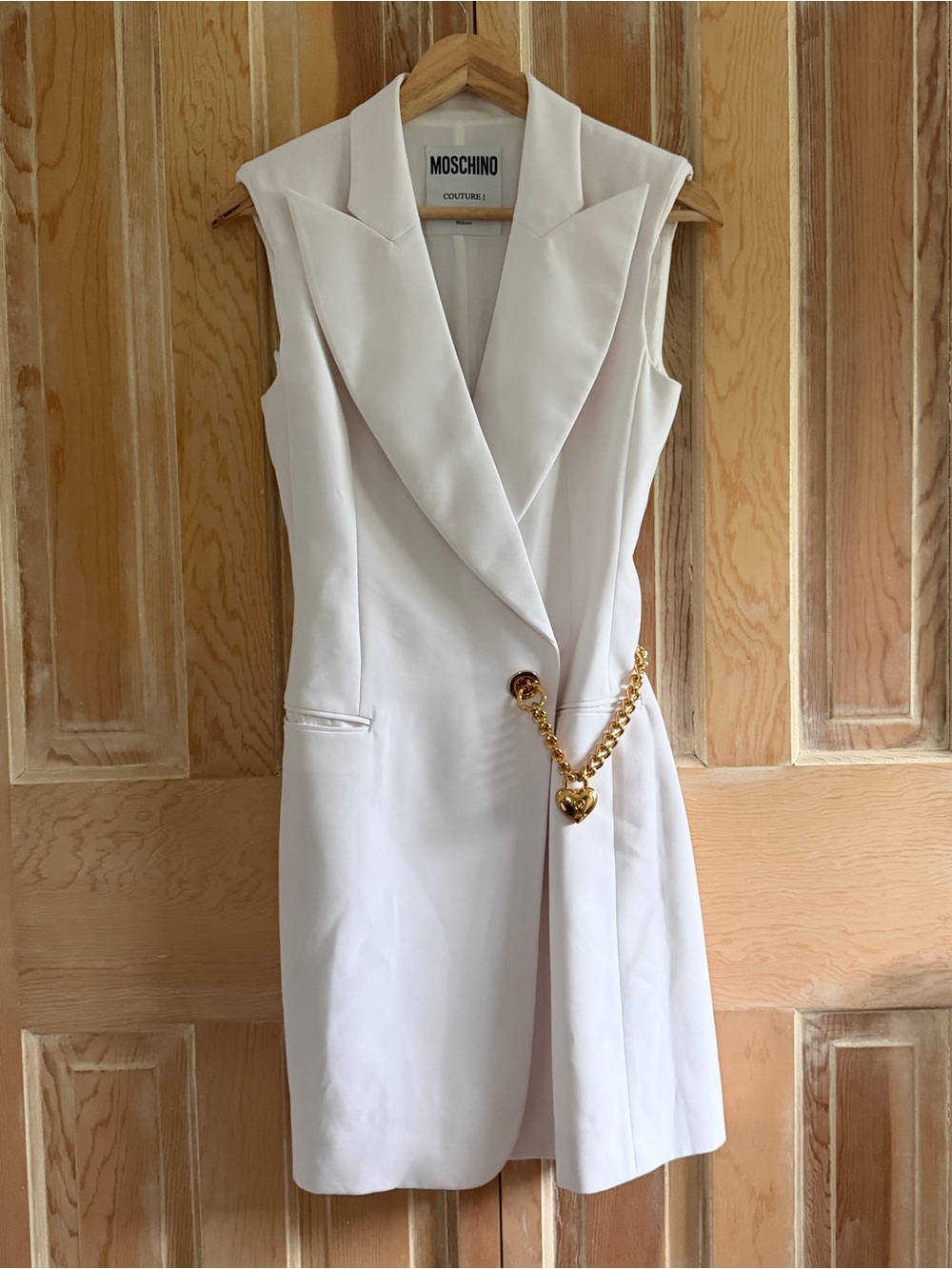 Moschino Cream Sleeveless Blazer Mini Dress with Gold Chain Accent